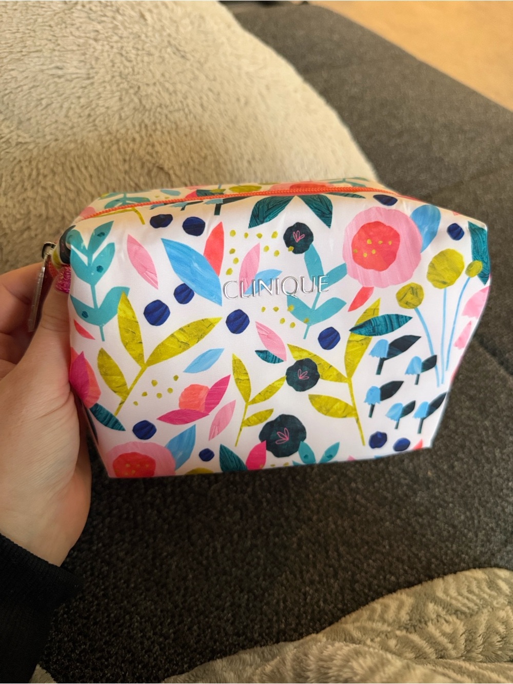 Clinique Floral Cosmetic Bag In White With Pink & Blue View 2